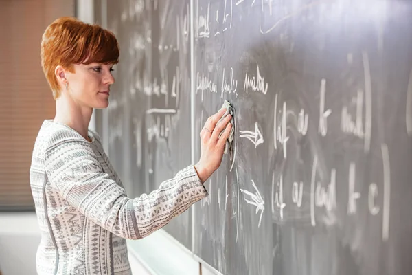 Young woman teacher in college. Instruction in a university classroom. Blackboard described by chalk. Projection from the data projector — Stock Photo, Image