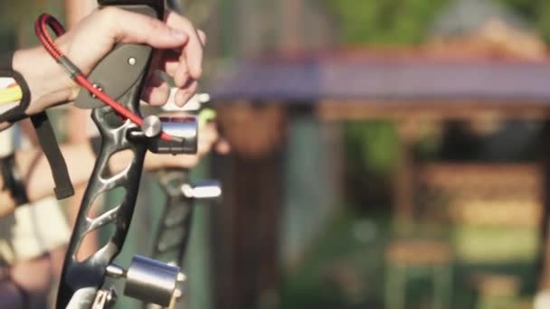 Competição profissional em tiro com arco no prado no verão — Vídeo de Stock
