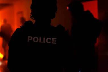 Bir polis memurunun silueti. Polis komandosu, binadaki faili tutukluyor.