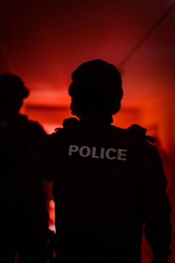 Bir polis memurunun silueti. Polis komandosu, binadaki faili tutukluyor.