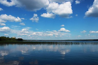 Beyaz bulutlar sudaki yansıması ile yaz aylarında göl Vysokinskoye. Leningrad Region, Rusya Federasyonu