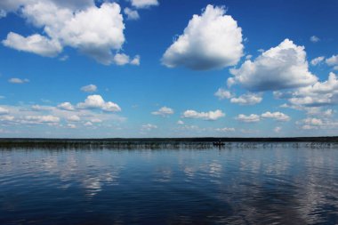 Beyaz bulutlar sudaki yansıması ile yaz aylarında göl Vysokinskoye. Leningrad Region, Rusya Federasyonu