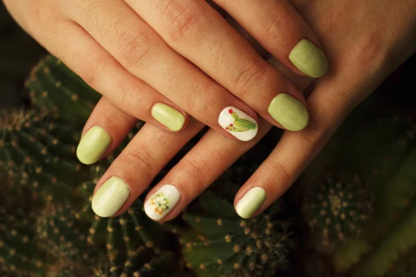 Manucure coupe classique avec gel poli, dégradé et autocollants stylisés avec cactus. Manucure féminine tendance et élégante. Pot avec plante de cactus vert près de belles mains de femmes. Art Manucure. Multicolore — Photo