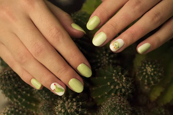 Manicura de corte clásico con gel pulido, degradado y pegatinas estilizadas con cactus. Elegante manicura femenina de moda. Maceta con planta de cactus verde cerca de hermosas manos de las mujeres. Manicura artística. Multicolor —  Fotos de Stock