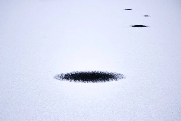 Круглое небольшое отверстие в тонком льду на озере в парке Гатчина — стоковое фото