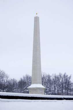 Gatchina, Leningrad Bölgesi, Rusya 'da yenilenmiş yeni Obelisk. Kış manzarası, dikey fotoğraf