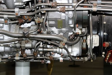 Uçak motorunun iç yapısı, ordu havacılığı, askeri uçaklar ve uzay endüstrisi. Müze parçası.