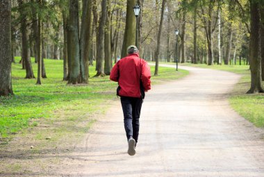 Yaşlı bir adam Gatchina parkında koşuyor. Koşmak - sağlıklı bir yaşam tarzının bir parçası olarak