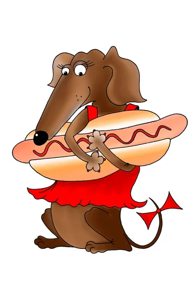 アメリカの食べ物のナショナルホットドッグデーの招待状として赤いドレスを着たダックスフント犬と面白いホットドッググリーティングカード. — ストック写真