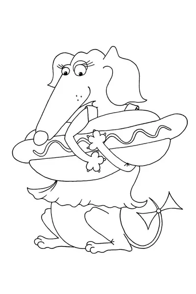 Funny hot dog greeting card with a dachshund dog in a red dress as an invitation card on National Hot Dog Day a American food. Coloring page. — Stock Photo, Image