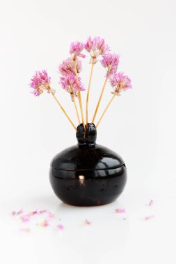 Beyaz arka planda siyah kil nar. Nar şeklinde orjinal bir vazo. Kurutulmuş soğan ve mor çiçekler.