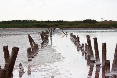Pembe tuz gölü. Üretimi sırasında tuz taşıyan köprülerin kalıntıları.