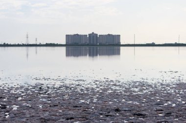 Pembe tuz gölünde pembe diyet tuzu ve diğer tarafta bina. Bir tuz şirketinin dekorasyonu için arka plan