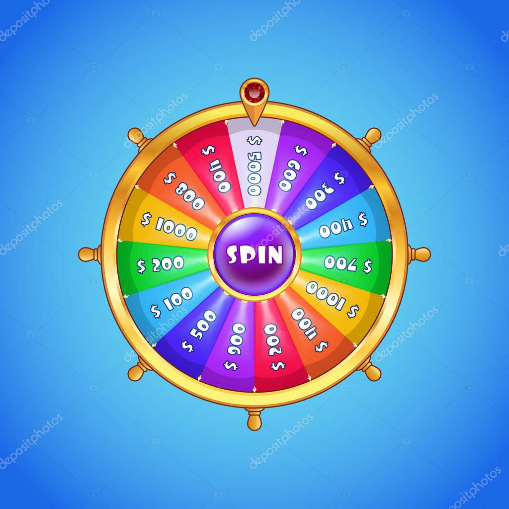 Realistic spinning wheel of fortune with rainbow colored sectors and golden case isolated on blue gradient background. Casino, gambling, fortune concept