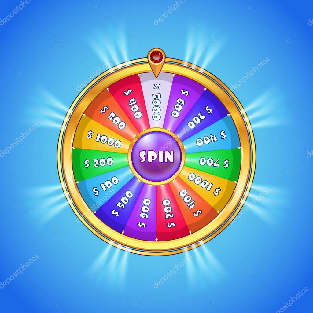 Realistic spinning wheel of fortune with rainbow colored sectors and golden case isolated on blue gradient background. Casino, gambling, fortune concept