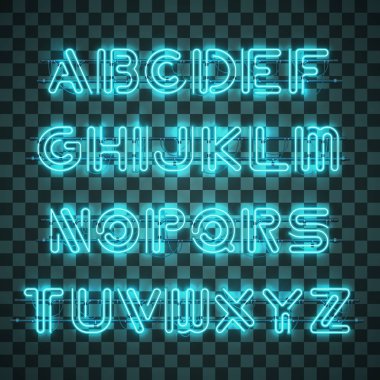 Parlak ve parlak mavi Neon alfabesi ve rakam.