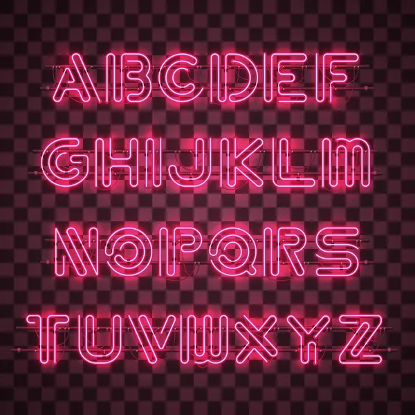 Leuchtend rotes Neon-Alphabet und Ziffern. — Stockvektor