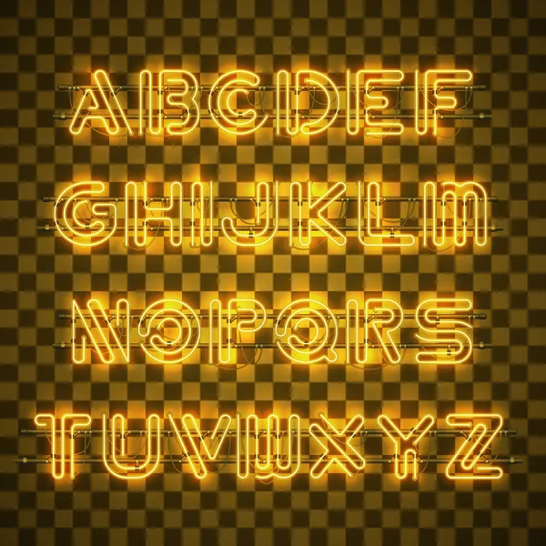 Lysande och strålande gul Neon alfabetet och siffror. — Stock vektor