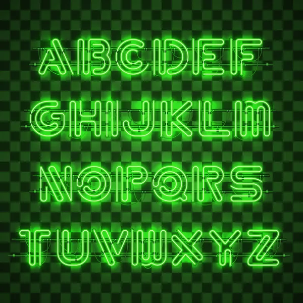 Leuchtend grünes Neon-Alphabet und Ziffern. — Stockvektor