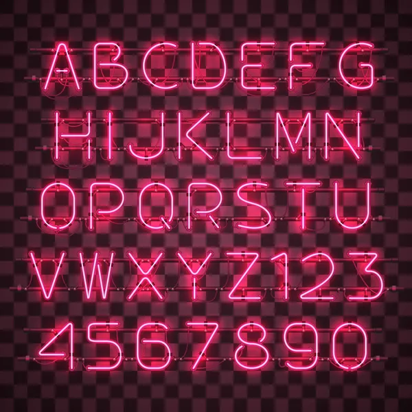 Leuchtend rotes Neon-Alphabet und Ziffern. — Stockvektor