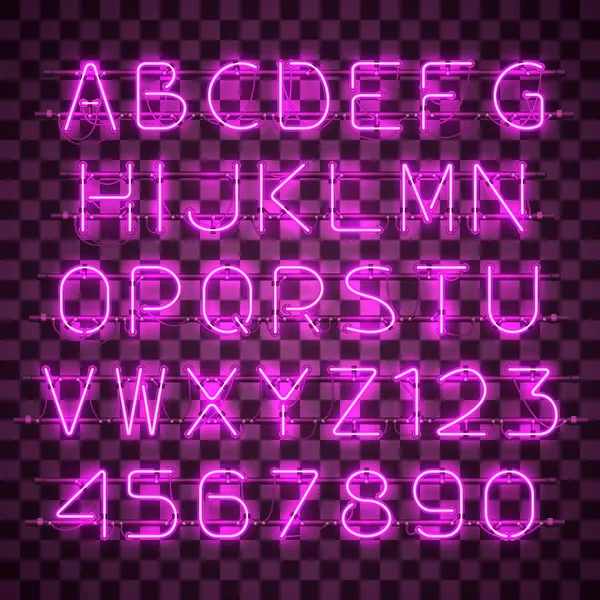 Leuchtende und leuchtende lila Neonbuchstaben und Ziffern. — Stockvektor