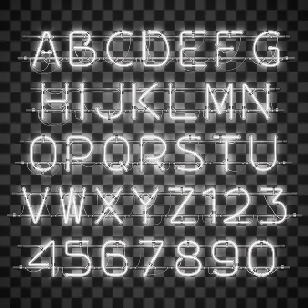 輝く、光る白いネオンのアルファベットと数字. — ストックベクタ