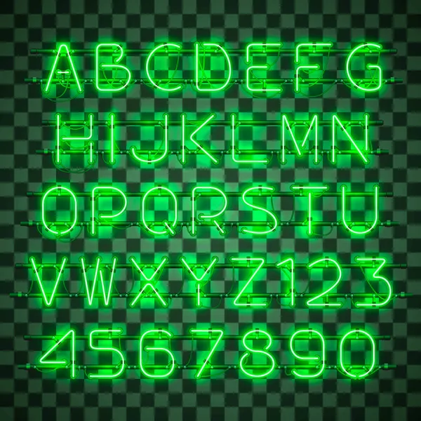 Glanzend en gloeiende groene Neon alfabet en cijfers. — Stockvector