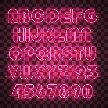 Parlak ve parlak kırmızı Neon alfabesi ve rakam.