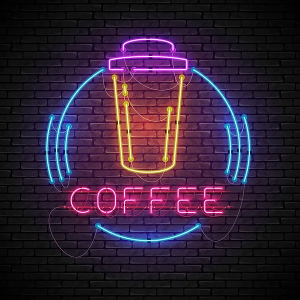 Shining and glowing neon coffee sign in frame. — Stock Vector