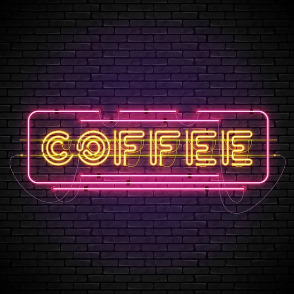 Shining and glowing neon coffee sign in frame. — Stock Vector