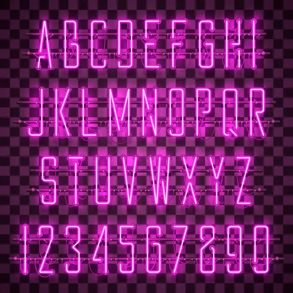 Skiner och glödande lila Neon alfabetet och siffror. — Stock vektor
