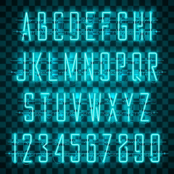Glanzend en gloeiende blauwe Neon-alfabet en cijfers. — Stockvector