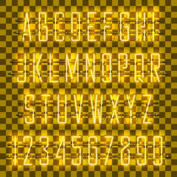 Glanzend en gloeiende gele Neon alfabet en cijfers. — Stockvector