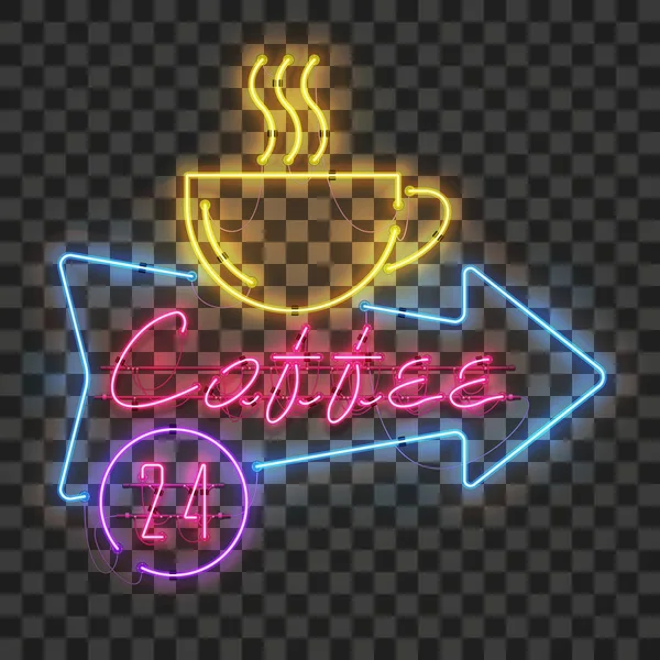 Schijnt en gloeiende neon koffie inloggen pijl frame. — Stockvector