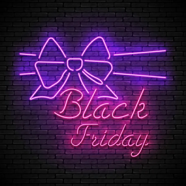 Señal Neón Rojo Black Friday Brillante Brillante Realista Con Lazo — Vector de stock