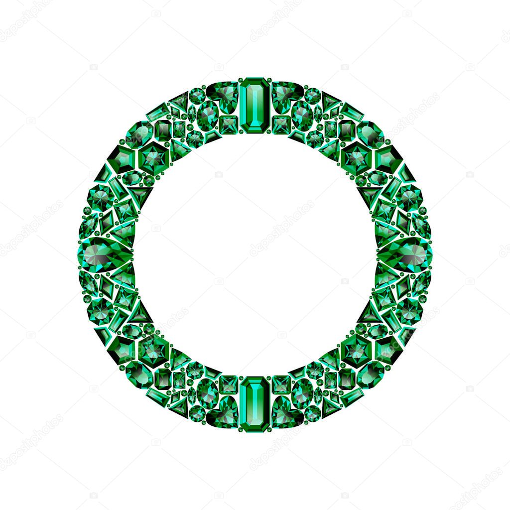 Round frame made of realistic green emeralds with complex cuts