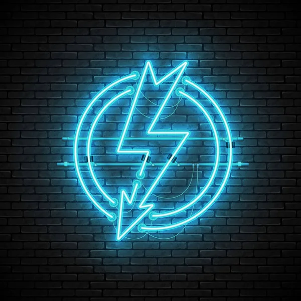 Shining and glowing blue lightning neon sign in circle on brick wall — Stock Vector