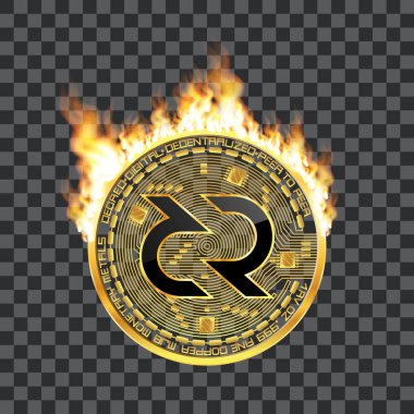 Kripto Döviz altın sikke ön yüzde siyah lackered decred sembolü ile gerçekçi alev tarafından çevrili ve şeffaf arka plan üzerinde izole. Vektör çizim.