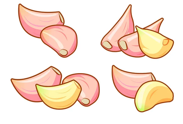 Quatro Conjuntos Diferentes Dentes Alho Crus Descascados Não Descascados Isolados — Vetor de Stock