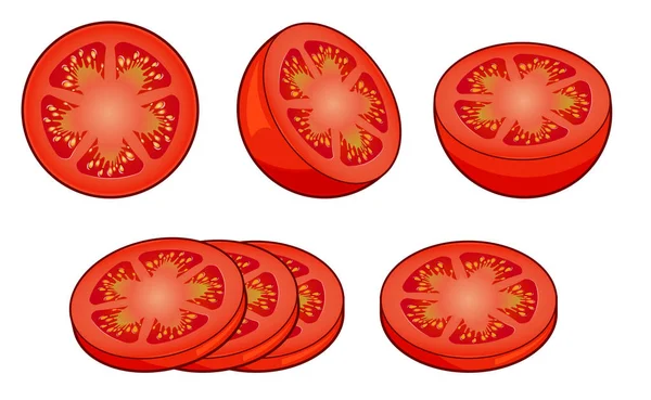 Conjunto de rodajas de tomate rojo fresco aisladas sobre fondo blanco — Vector de stock