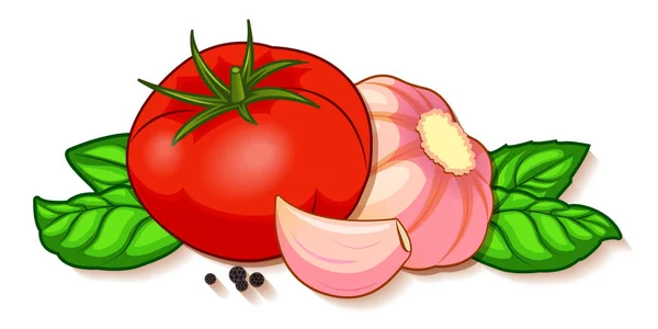 Frische rote Tomate mit Knoblauch, Basilikum und Pfeffer isoliert auf weißem Hintergrund — Stockvektor