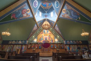 Ben Lomond, California - 24 Mayıs 2018: İç Aziz Peter ve Paul Antiochian Ortodoks Kilisesi. Antiochian Ortodoks Christian Başpiskoposluk Kuzey Amerika Ben Lomond, California'nın bucak.