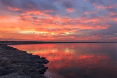 San Francisco Bay kış ateşli günbatımı. Alviso Marina İlçe Park, Santa Clara County, Kaliforniya, ABD.