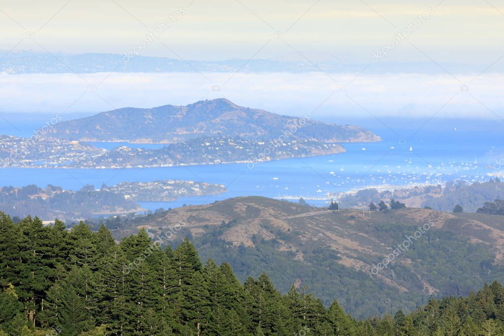 Angel Island and Richardson Bay viewed from Mt Tamalpais. Marin County, California, USA.