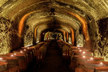 St. Helena, Kaliforniya - 27 Nisan 2019: Napa Vadisi'ndeki Del Dotto Tarihi Şaraphane Mağaraları. St. Helena, Napa Valley, Kaliforniya, Amerika Birleşik Devletleri.