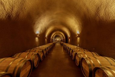 Napa, California - 28 Nisan 2019: Jarvis Estate'te Yeraltı Varil Mağarası. Mağaraların değişmez sıcaklığı ve yüksek nem seviyesi nedeniyle, şarapimalathaneleri genellikle şarapların varil yaşlanma için mağaralar kullandık.