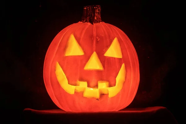Jack Lantaarn Pompoen Lantaarn Gloeiend Het Donker Halloween Achtergrond Dcor Stockfoto