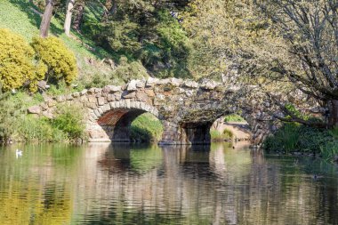 Stow Gölü üzerindeki taş kemer köprüsü. Golden Gate Parkı, San Francisco, California, ABD.