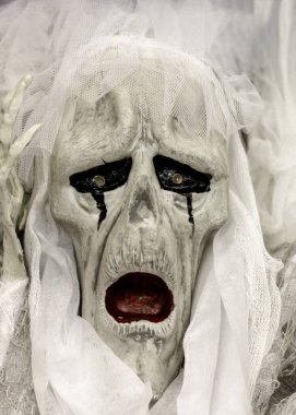 Beyaz Biçici kafası Cadılar Bayramı dekorasyonu ve dekorasyonu için kullanılıyor