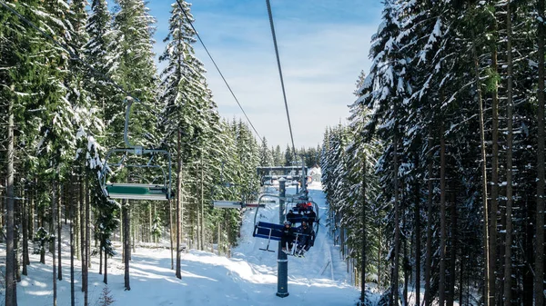 Skid Och Snowboardåkare Ski Lift View Från Ovan Linbanan Bland — Stockfoto